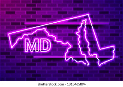 Maryland US state glowing neon lamp sign. Realistic vector illustration. Purple brick wall, violet glow, metal holders.