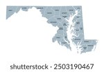 Maryland, U.S. state, gray political map with borders and county names. State in the Mid-Atlantic region of the USA, subdivided into 23 counties and the independent City of Baltimore. Old Line State