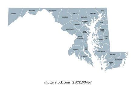 Maryland, estado de EE.UU., mapa político gris con fronteras y nombres de condados. Estado en la región del Atlántico Medio de los Estados Unidos, subdividido en 23 condados y la ciudad independiente de Baltimore. Estado de línea anterior