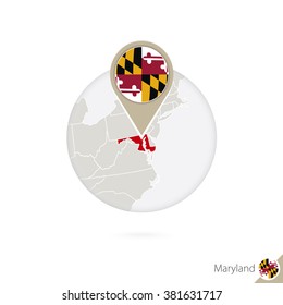 Maryland US State map and flag in circle. Map of Maryland, Maryland flag pin. Map of Maryland in the style of the globe. Vector Illustration.