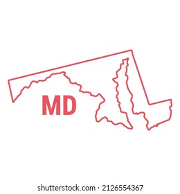 Maryland US state map red outline border. Vector illustration isolated on white. Two-letter state abbreviation. Editable stroke. Adjust line weight.