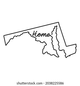 Maryland US state outline map with the handwritten HOME word. Continuous line drawing of patriotic home sign. A love for a small homeland. Interior decoration idea. Vector illustration.