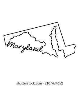 Mapa de esquema del estado de Maryland US con el nombre de estado escrito a mano. Dibujo continuo de la línea del signo patriótico del hogar. Un amor por una pequeña patria. La idea de imprimir camisetas. Ilustración vectorial.