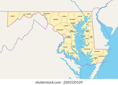 Maryland, U.S. state, political map with borders and county names. State in the Mid-Atlantic region of United States, subdivided into 23 counties and the independent City of Baltimore. Old Line State