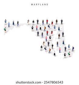 Maryland US state population map. Large group of realistic a diverse crowd of people figures. Flat vector illustration isolated on white.