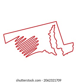 Maryland US state red outline map with the handwritten heart shape. Continuous line drawing of patriotic home sign. A love for a small homeland. T-shirt print idea. Vector illustration.
