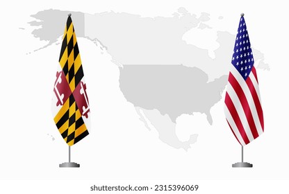 Maryland US and USA flags for official meeting against background of world map.