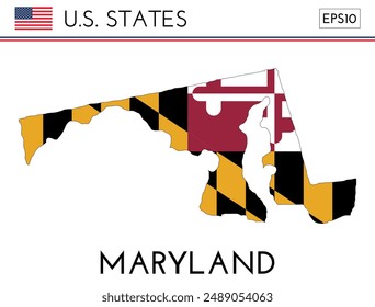 Maryland USA state map shape with flag. Map of Maryland in the Maryland flag colors. Outline map filled with its flag colors. Vector illustration.