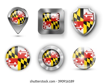 Maryland USA State Metal and Glass Flag Badges, Buttons, Map marker pin and Shields. Vector illustrations