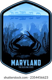 Maryland vector label with blue crab and Assateague island horses