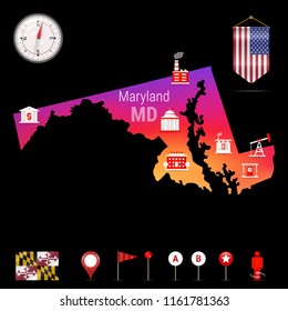 Maryland Vector Map, Night View. Compass Icon, Map Navigation Elements. Pennant Flag of the United States. Vector Flag of Maryland. Various Industries, Economic Geography Icons.