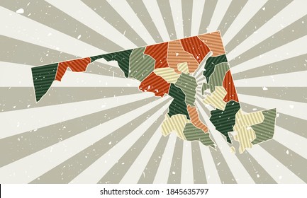 Maryland vintage map. Grunge poster with map of the us state in retro color palette. Shape of Maryland with sunburst rays background. Vector illustration.
