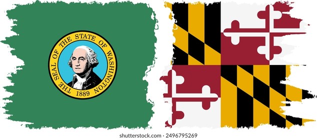 Maryland and Washington states grunge brush flags connection, vector