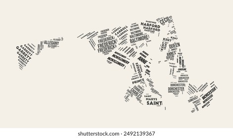 Maryland Word Cloud. State with counties division. Maryland typographic text clouds vector image design. Vintage gazette style state shape image. Beautiful vector illustration.