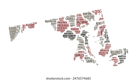 Maryland Word Cloud. State shape with county division. Maryland typography style image. County names tag clouds. Vector illustration.