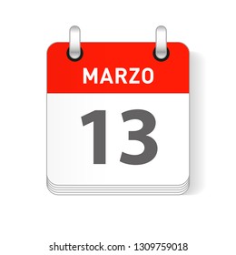 Marzo 13, March 13 date visible on a page a day organizer calendar in spanish Language