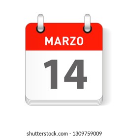 Marzo 14, March 14 date visible on a page a day organizer calendar in spanish Language
