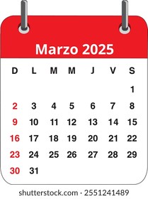 Marzo 2025 calendar page isolated on a white background (trad. march)