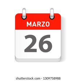 Marzo 26, March 26 date visible on a page a day organizer calendar in spanish Language