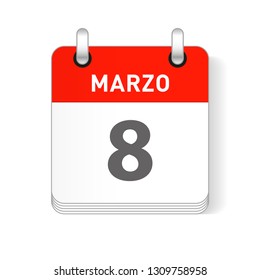 Marzo 8, March 8 date visible on a page a day organizer calendar in spanish Language