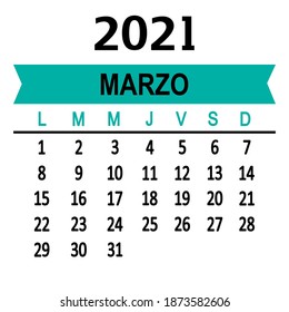 Marzo March Spanish Calendar 2021 Template Stock Vector (Royalty Free