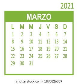 Marzo March. Third page of set. Calendar 2020, template. Week starts on Lunes Monday. Vector illustration