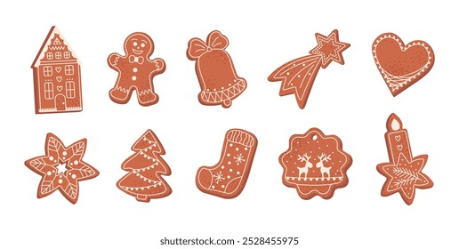 mas cartoon Biscoitos de gengibre definido. Coleção de figuras de pão de gengibre de Natal, homens de pão de gengibre bonito cobrir pela ilustração do vetor de açúcar de gelo isolado no branco. Biscoitos caseiros. Sobremesa de férias.