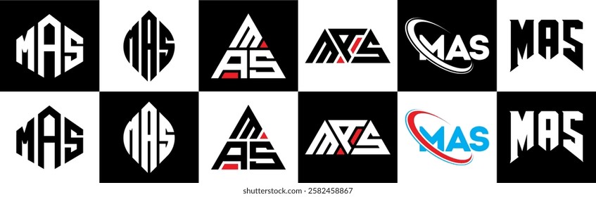 MAS letter logo design in six style. MAS polygon, circle, triangle, hexagon, flat and simple style with black and white color variation letter logo set in one artboard. MAS minimalist and classic logo