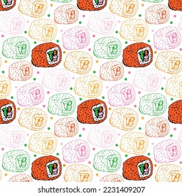 Masago seamless pattern with colorful sushi isolated on white background