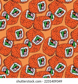 Masago seamless pattern with orange sushi isolated on white background