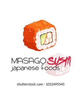 Masago sushi. California roll. Japanese traditional food icon. Isolated vector illustration.