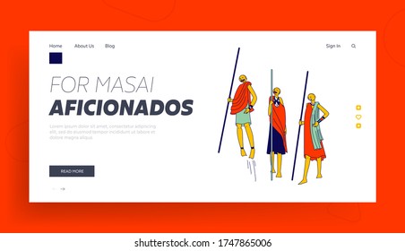 Masai Female Characters Perform Traditional Jump Landing Page Template. Ethnic African Tribe Armed with Spears Jumping and Laughing Celebrate Success or Victory. Linear People Vector Illustration