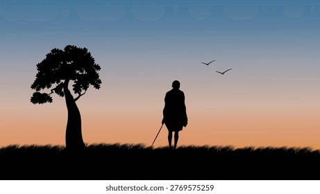 masai man on sunset, flat vector illustration