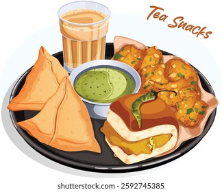 Masala Chai Accompanied by Samosas, Pakoras and Vada Pav Served with Green Chutney on Thali. South Asian Rainy Day or Monsoon Tea Snacks. Traditional Indian Deep Fried Street Food Art Isolated