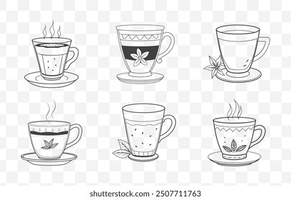 Masala Chai Art Vector Set Featuring Traditional Indian Tea Elements with Spices and Teapots in Detailed Illustrations