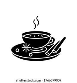 Masala chai black glyph icon. Indian tea with spices and herbs. Traditional drink. Hot beverage. Cocoa with cinnamon. Morning coffee. Silhouette symbol on white space. Vector isolated illustration