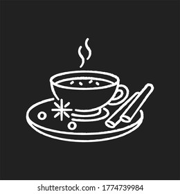 Masala chai chalk white icon on black background. Indian tea with spices and herbs. Traditional drink. Flavoured hot beverage. Cocoa with cinnamon. Morning coffee. Isolated vector chalkboard