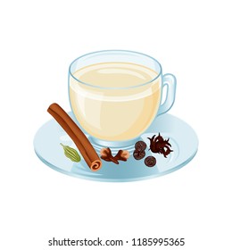 Masala Chai Cup. Dried Leaves Of Black Tea, Cinnamon, Black Pepper, Clove Spice, Green Cardamom. Isolated Vector Object On White Background. Hot Drink In Cartoon Style. Hand Drawn.