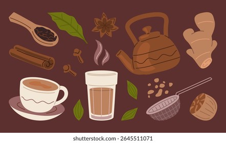 Masala chai preparation with Indian tea, spices, kettle, ginger, and strainer in warm cartoon style.