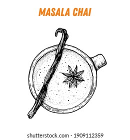 Masala chai sketch, Indian food. Hand drawn vector illustration. Sketch style. Top view. Vintage vector illustration.