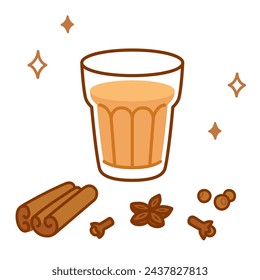 Masala chai tea doodle drawing. Hand drawn cartoon glass of Indian tea with aromatic spices: cinnamon, cloves, anise and pepper. Vector illustration.