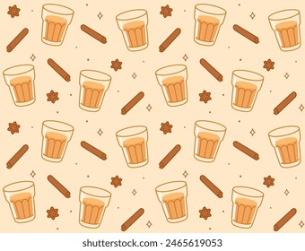 Masala chai tea seamless pattern. Doodle drawings of Indian tea glass and spices: cinnamon and cloves. Vector background illustration.