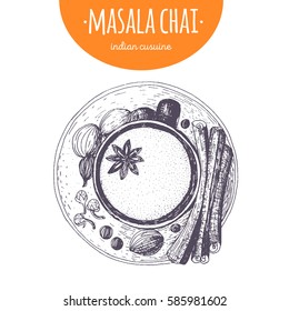 Masala chai top view vector illustration. Indian cuisine. Linear graphic.