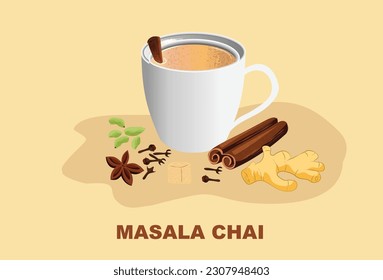 Masala Chai. Vector illustration with hot drink and its ingredients in circle composition and handwriting.