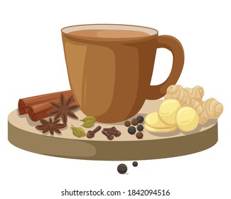 Masala Chai. Warming drink with cinnamon, star anise, cardamom, cloves, peppercorns, ginger, cardamom. Vector illustration isolated on white background.