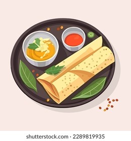 Masala Dosa, Indian traditional food with sambhar decorated on plate