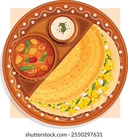 Masala Dosa com Sambar e Coconut Chutney serviu na Terra Thali e Pots. Vista superior arte tradicional indiana da comida 