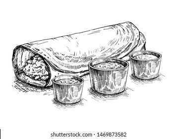 Masala Dosa. Platos tradicionales indios. Ilustración dibujada a mano por vectores. Estilo de esbozo.Panqueque servido con crepes