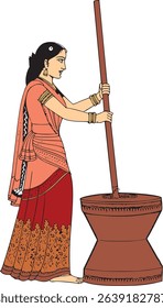 Masala Grinding, Indian Woman Grinding Masala Traditional