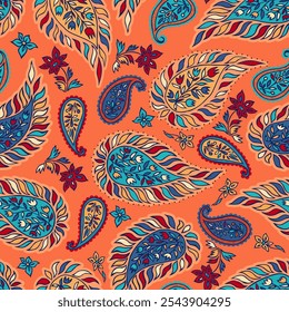 Masala paisley. Padrão de vetor contínuo com motivo étnico e flores e folhas estilizadas em cores laranja, vermelho e azul. Design simples e arrojado.